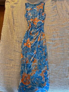Blue and Orange Floral Sleeveless Maxi Dress